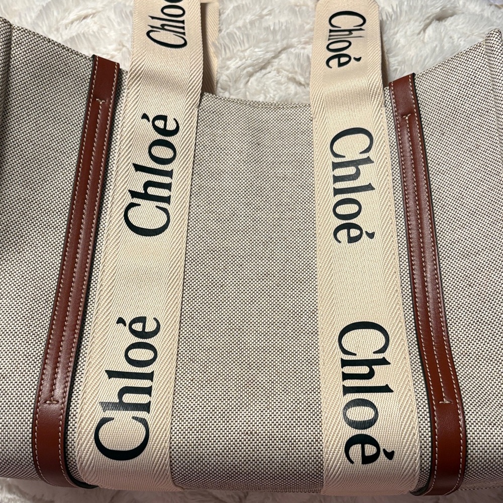 Chloé Beige Canvas Tote with Brown Trim and Branded Straps